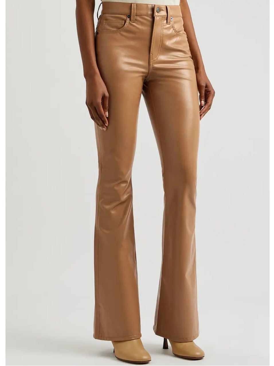 Veronica Beard Beverly High Rise Skinny Flare Pants Faux Leather Tan 27 X 34